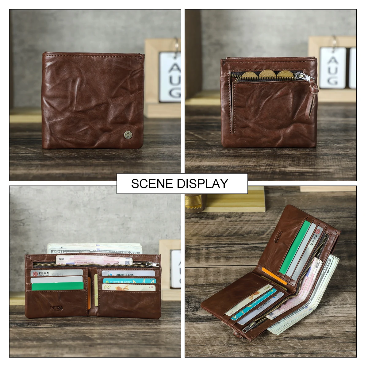 CONTACT'S Washed Full Grain Leather Short Wallets for Men Bifold Card Holder Money Clip Coin Purse Male Pocket Wallets Men's Bag