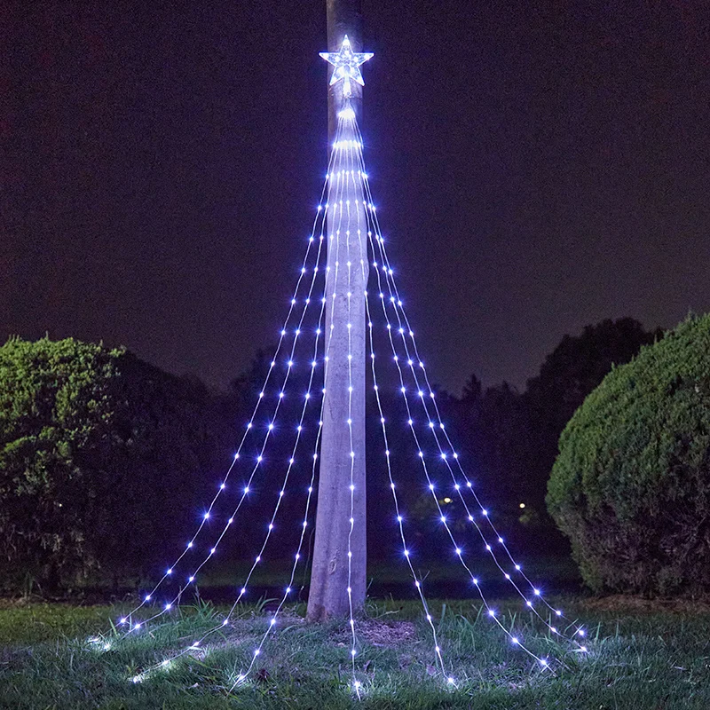 Decorazioni natalizie solari telecomando impermeabile Star String Lights lampada da fata con albero a cascata con decorazioni per esterni a stella superiore