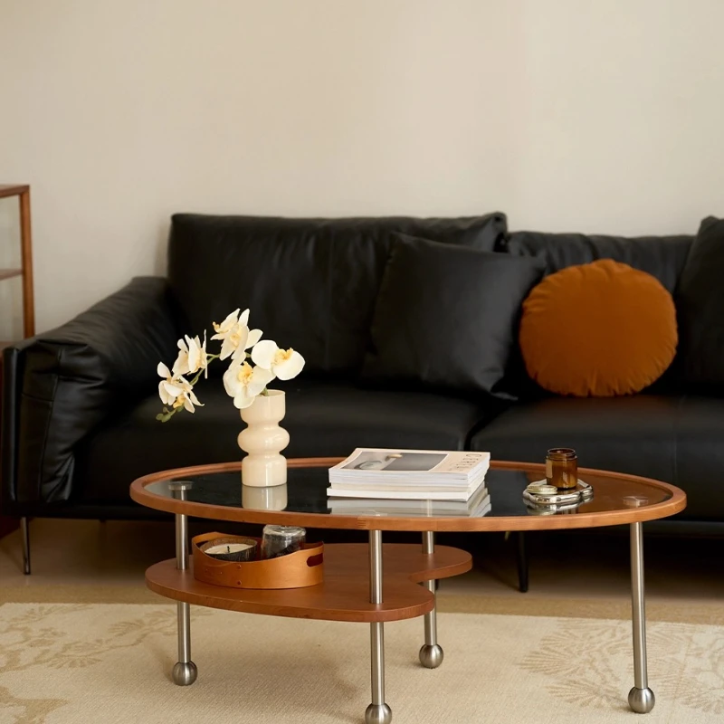 

grey wood, peach glass coffee table, medium and ancient style small apartment oval retro tea table tempered glass cherry wood lo