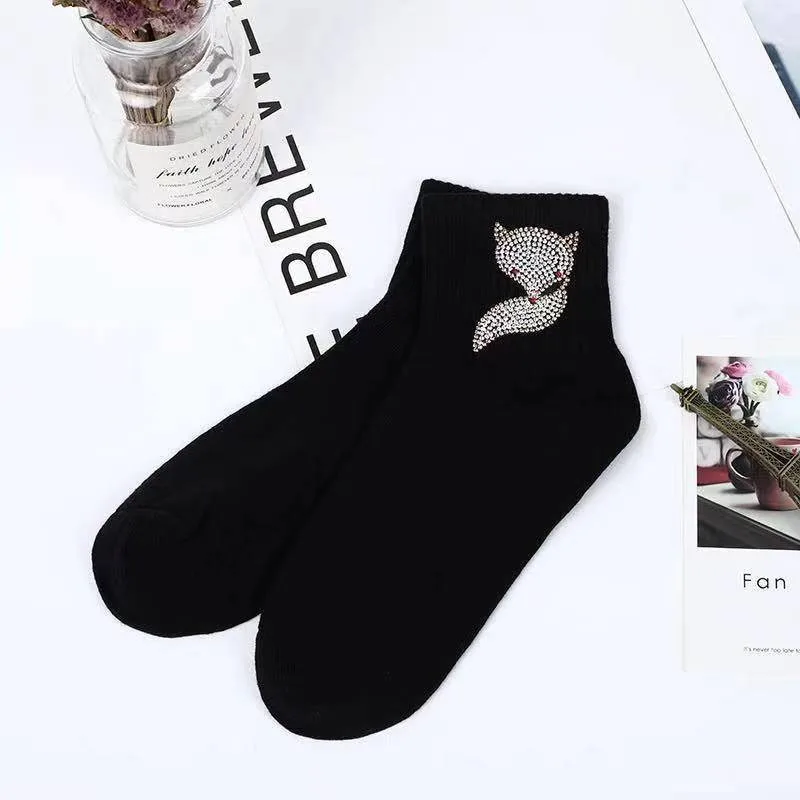New Rhinestone Decorative Socks, Fashionable Diamond Sparkling Socks, Cute Cartoon Animal Pattern Comfortable Low Cut Socks