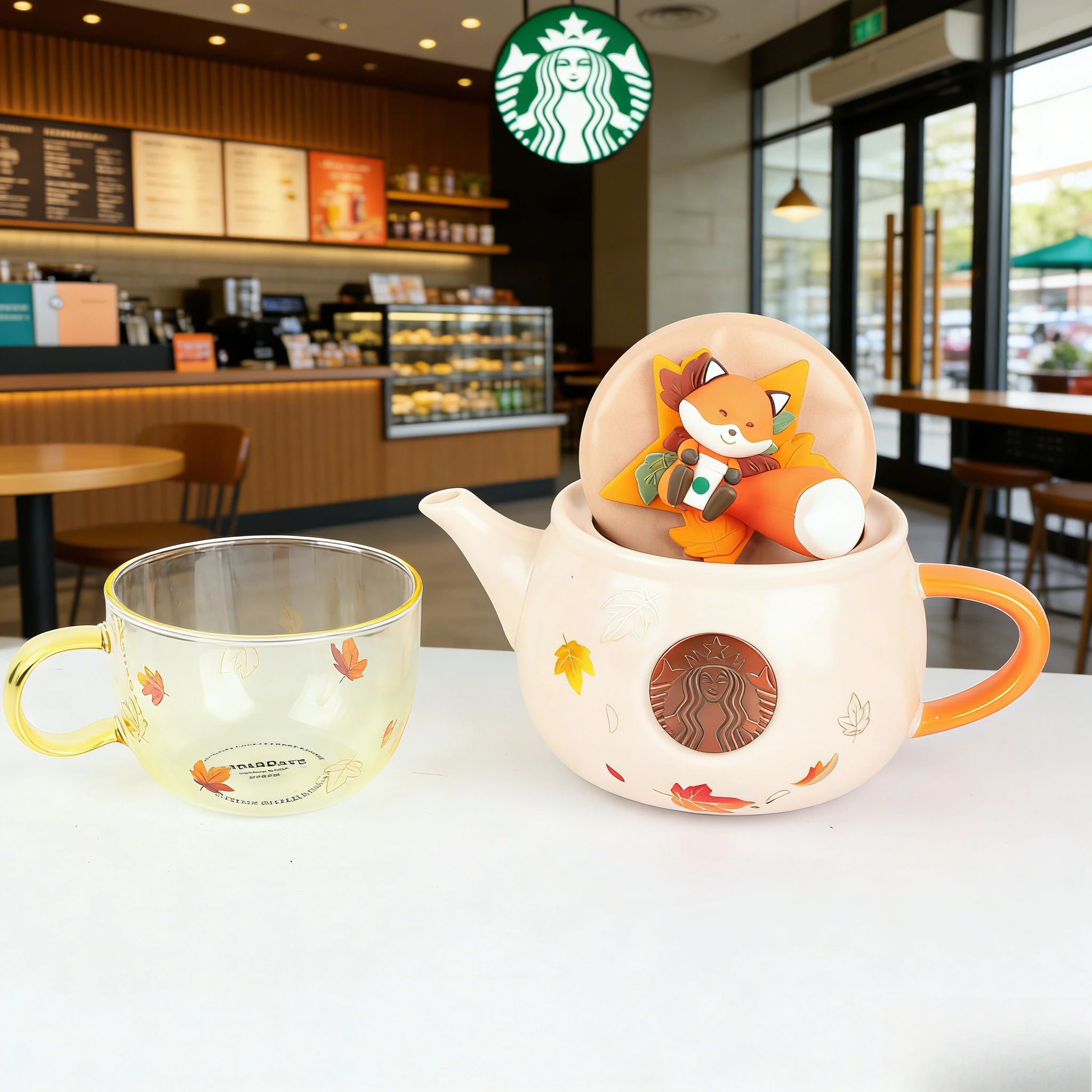 Conjunto de Chaleira Starbucks Fox e Maple Leaf em Cobre Vintage - Coleção Siren Fall - Ótima Ideia de Presente para o Feriado