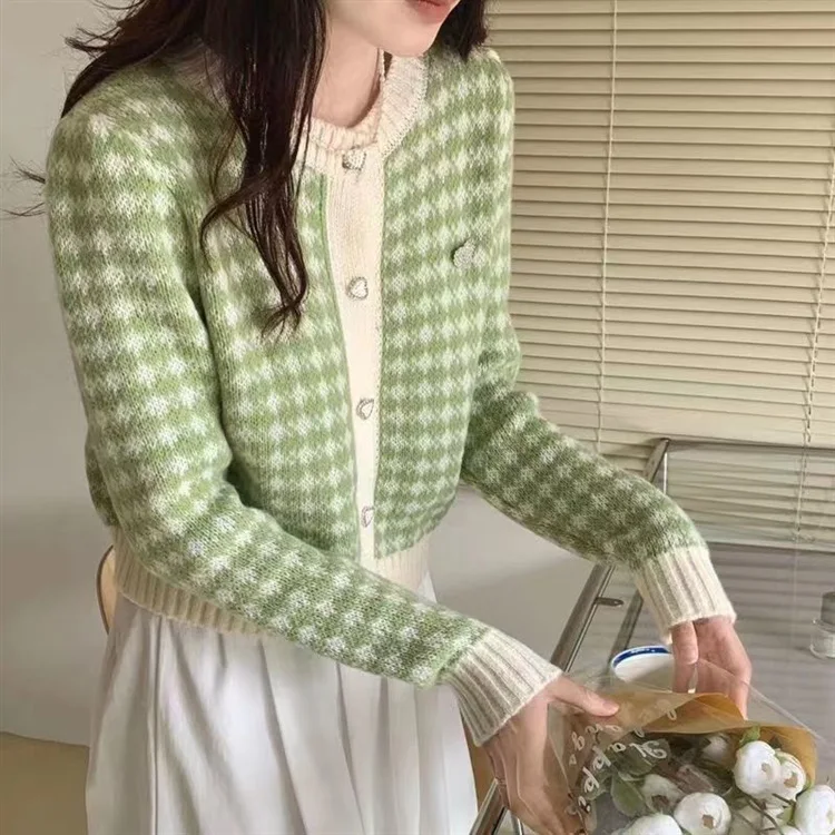 

Вязаный кардиган с узором «гусиные лапки» и укороченная вязаная куртка на пуговицах с вышивкой в виде сердца, свитер, женский мягкий наряд Fairycore для девочек