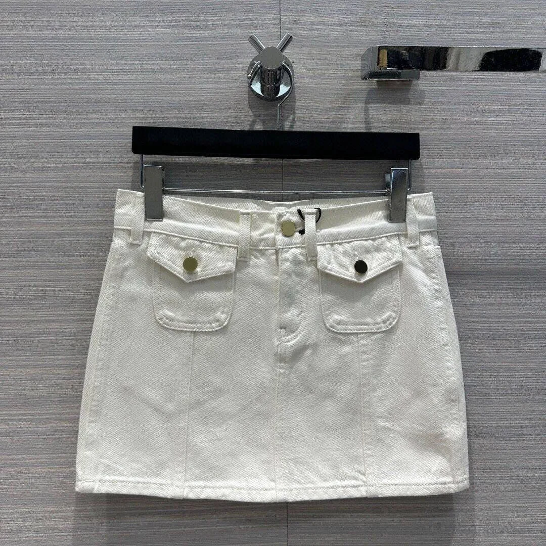 

2024 New Summer Fashion White Denim Mini Skirts Womens High Waist Front Two Pockets Sweet Hot Skirt