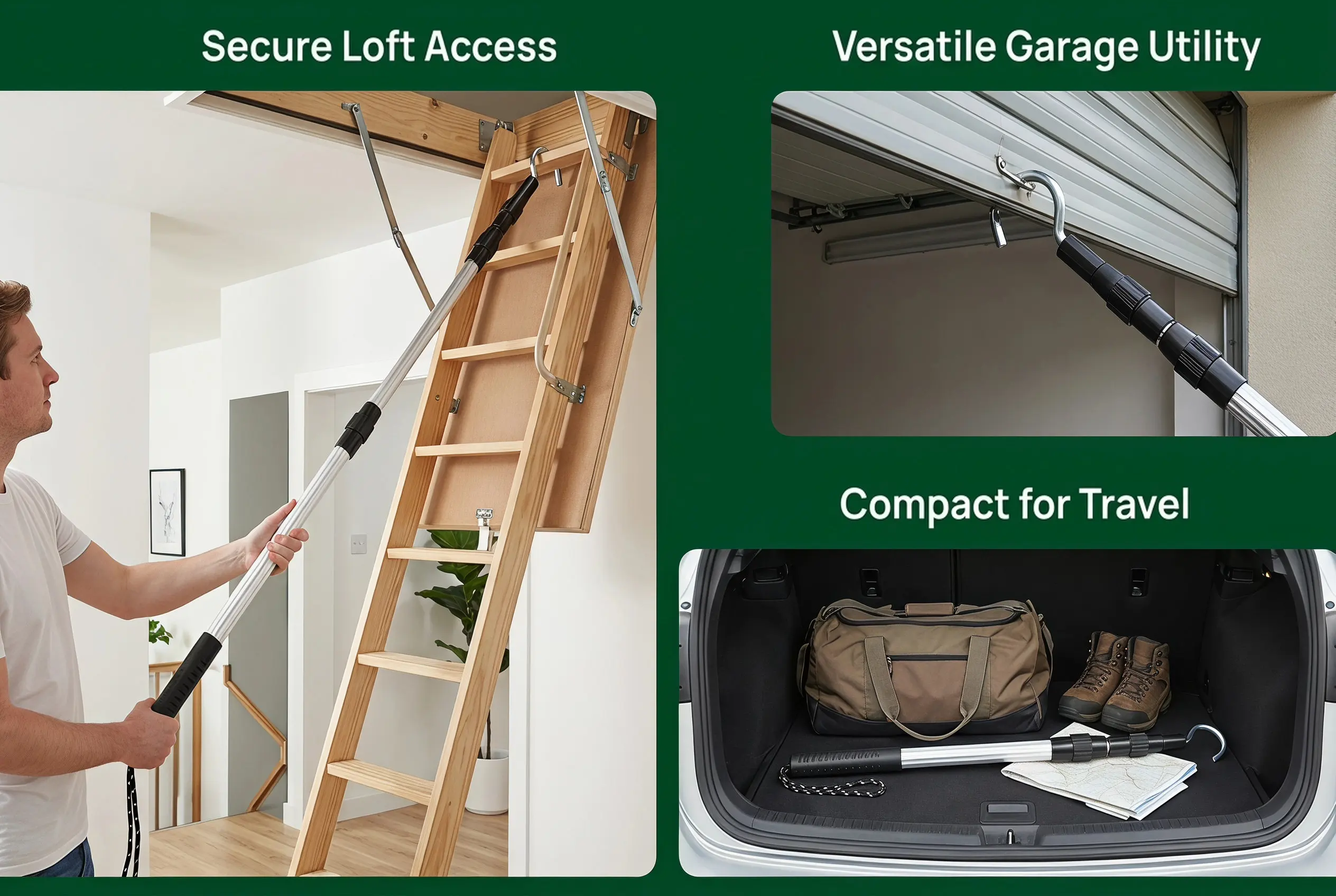 Loft Ladder Pole Hook Extendable Telescopic Attic Pull-Down System Kit for Home Garage Rv Ladder Pull System Kit Telescoping