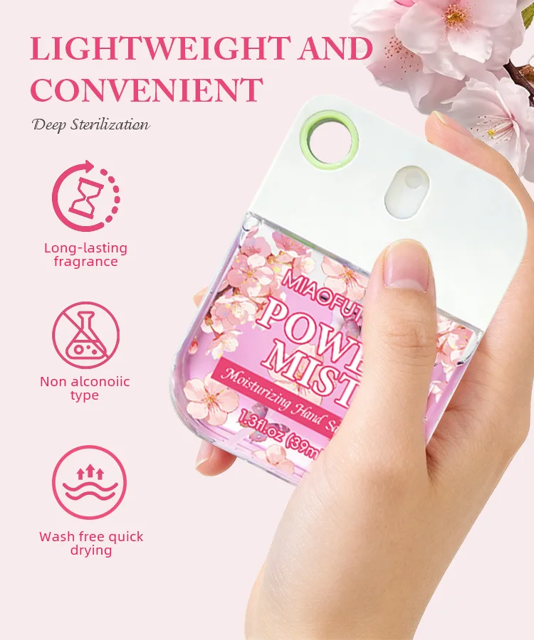 Desinfectante de Manos Portátil con Aroma a Flor de Cerezo - Spray sin Enjuague y sin Alcohol, Desinfectante Hidratante en Tarjeta de 10 ml para Bolso, Kit de Viaje para Niños