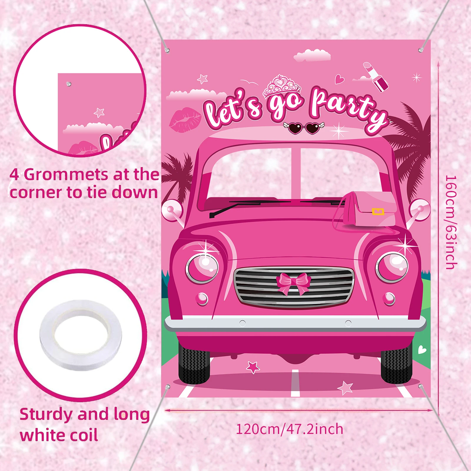 Hot Pink Girls Photo Booth Props Banner Let\'s Go Party Decorations Princess Doll Photo Door Banner Pink Car Face Photo Backdrop