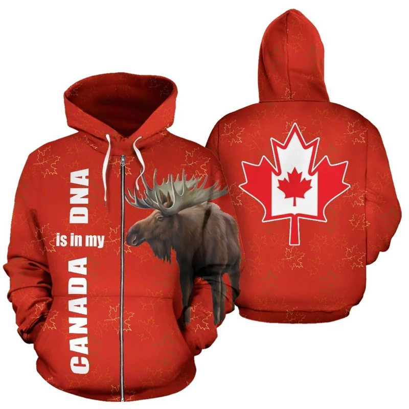 Casual Canadian Flag Pattern Zipper Hoodies Fashion Trend Long Sleeve Mens 3D Printed Sweatshirt Loose Streetwear Pullovers