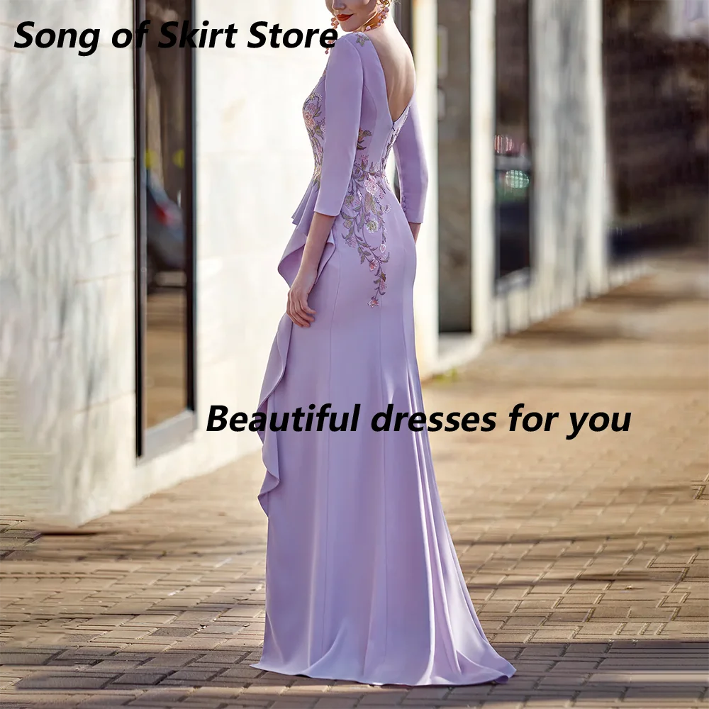 Lilac Mother of The Bride Dresses Customized Scoop 3/4 Sleeves  Applique Ruffles Wedding Guest Gowns Split Formal Evening Dress