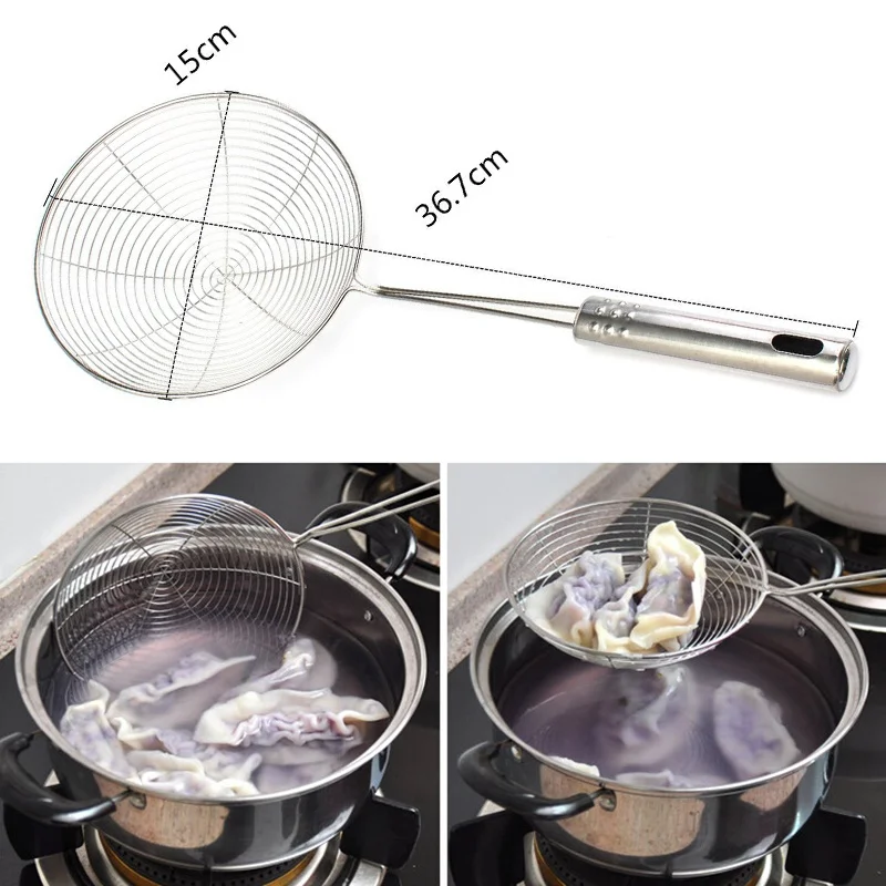 Reinforced Stainless Steel Colander Soup Spoon with Wooden Handle Fine Mesh Strainer Pot Frying Kitchen Convenience Small Tools