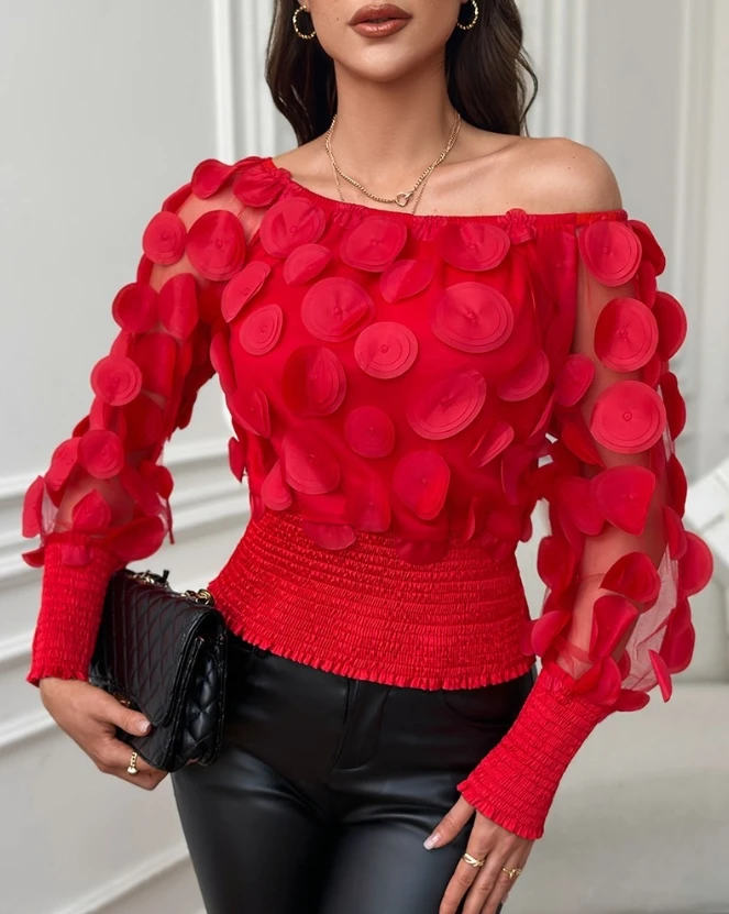 Elegante Stijl 2024 Lente Damesblouses Bubbelmouw Bloemenpatroon Hemd Doorschijnend Mesh Top Bloemtemperament Woon-Werkshirt