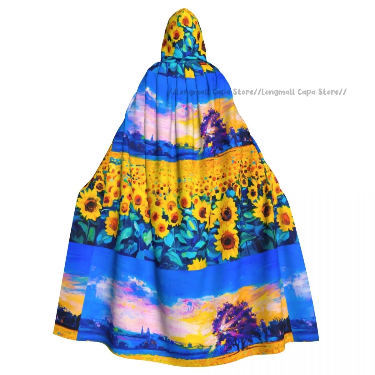 Adult Vampire Cape Hooded Robe Sunflowers Field Modern Impressionism Painting Halloween Cloak Full Length Cosplay