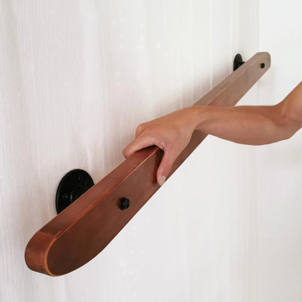 Indoor 50cm Handrail Wall Mounted Solid Wood Top with Wrought Iron Support Bracket for Staircase Safety Design