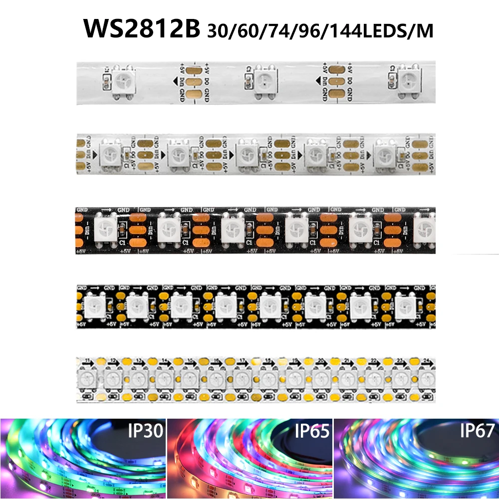 

WS2812B DC5V Individually Addressable Led Strip 30/60/74/96/144leds/m WS2812 5050 RGBIC Smart Pixels Led Light IP30/65/67 DC5V 1