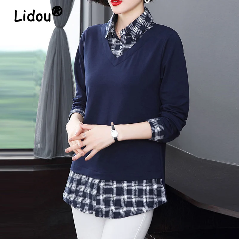 New Korean Plaid Patchwork Pullover Basic Tunic Ladies Tops Autumn Casual Slim Long Sleeve Elegant Cotton T Shirt Women Clothing