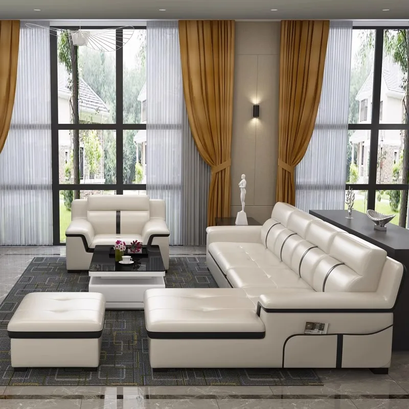 Leather sofa first floor leather living room corner combination size apartment Nordic simple modern leather sofa set