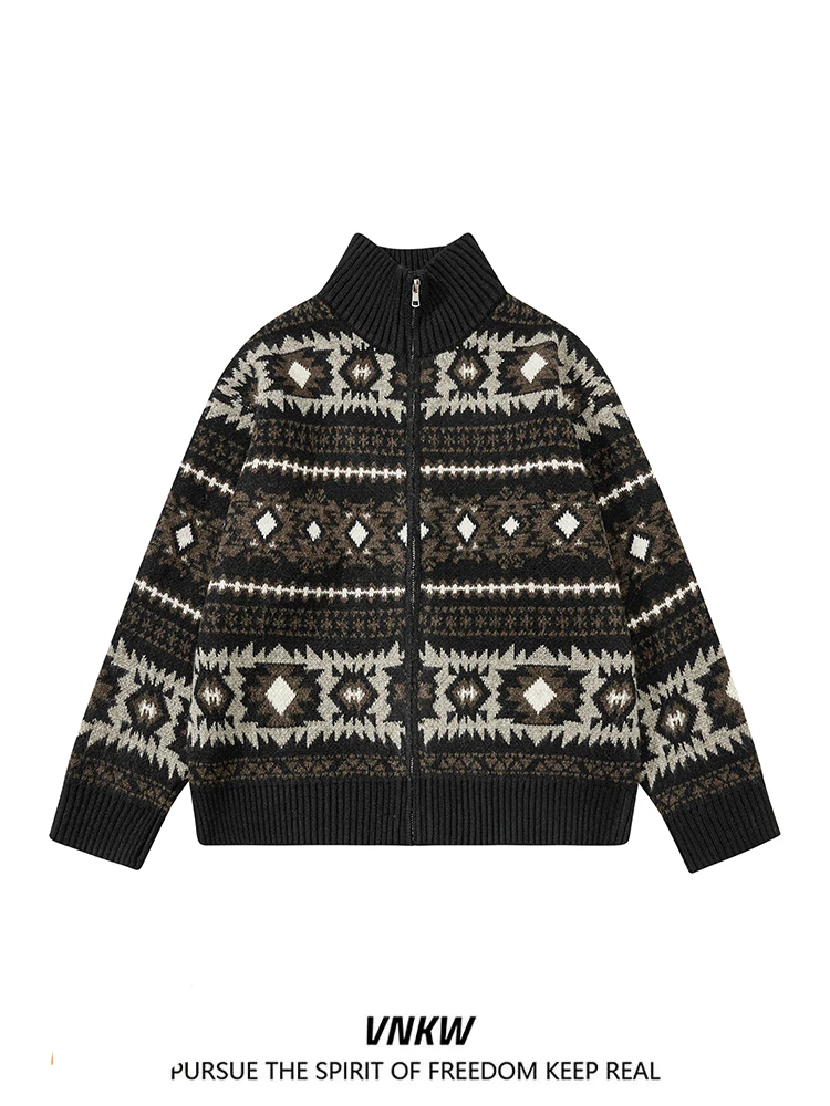 

Утепленный вязаный кардиган на молнии для мужчин и женщин, зимний свитер для пар, плотный, с узором Fair Isle Totem, Cleanfit