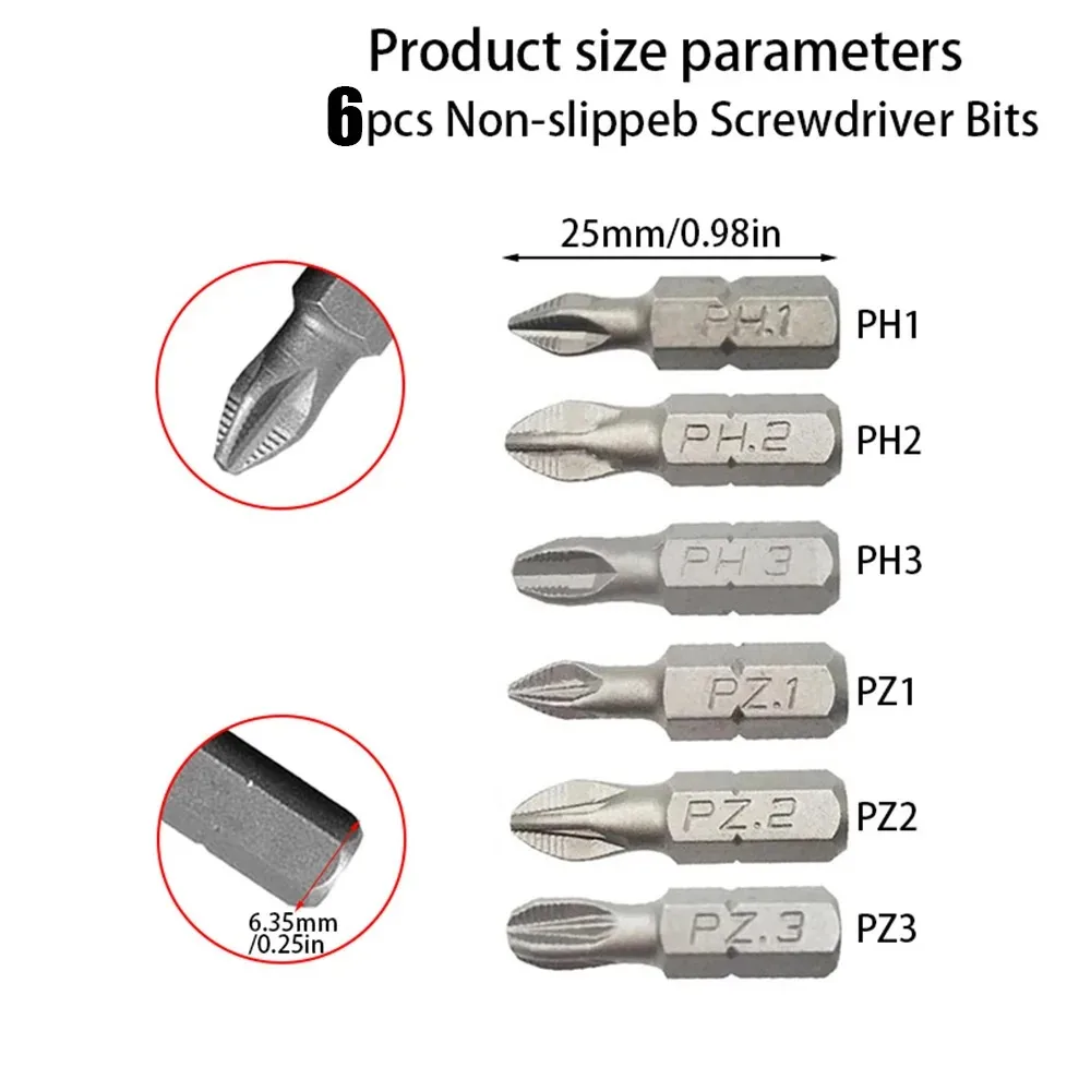6-Piece Set of Magnetic Anti-Slip Screwdriver Bits, 1 Inch Long - PH1PH2PH3PZ1PZ2PZ3, Suitable for Home Installation and Repair.
