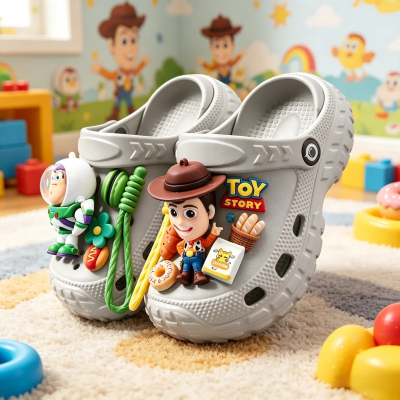 Zuecos de Toy Story decorados en stock, antideslizantes, ligeros, para playa, conjunto para niños pequeños, para interior y exterior, para ducha, regalo de verano para niños pequeños