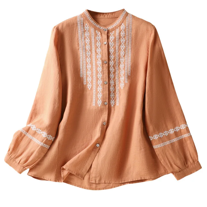 Spring New Artistic Retro Embroidery Cotton Linen Women's Artistic Retro Stand Collar Women's Versatile Long Sleeved Shirt Top