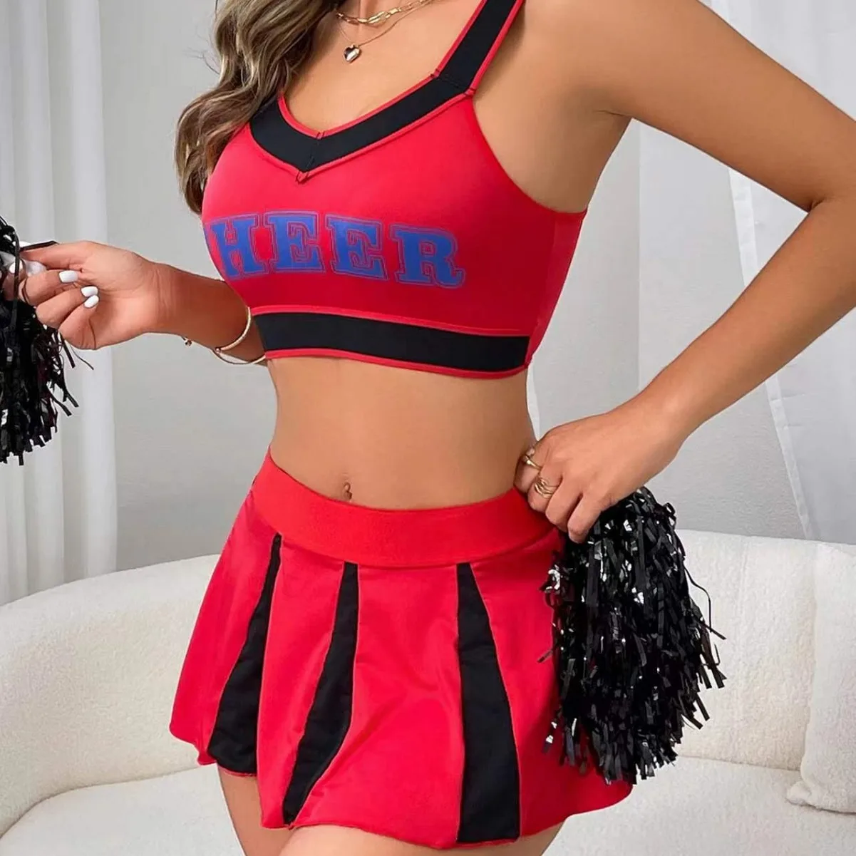 Cheerleading Miniskirt Sexy Top Set Full Coverage Tank Bra and Skirt