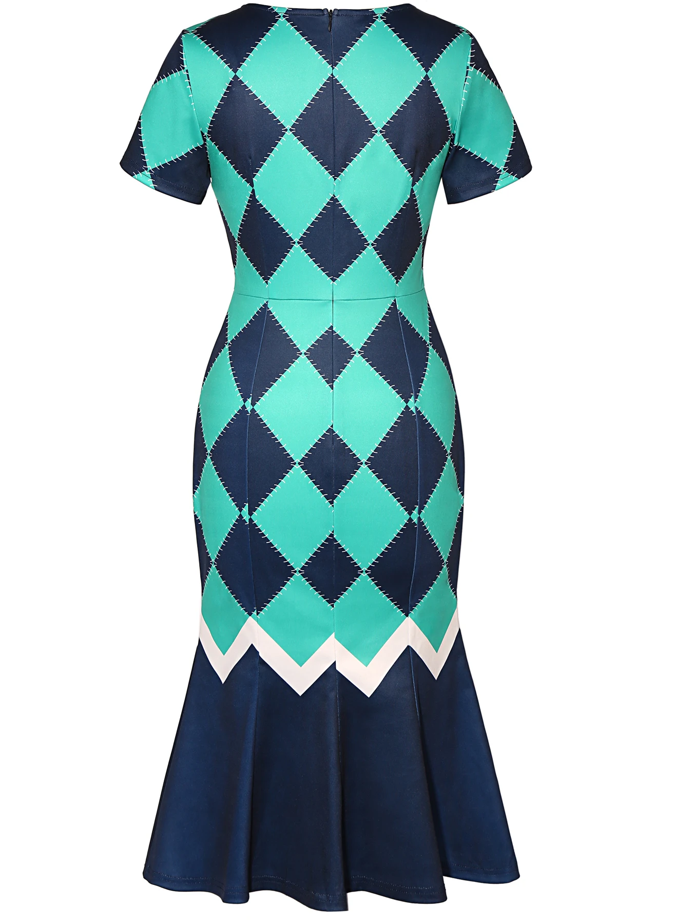 Womens Geometry Print Crew Neck Mermaid Work Office Knee Length Short Sleeve Business Casual Party Pencil Bodycon Sheath Dress