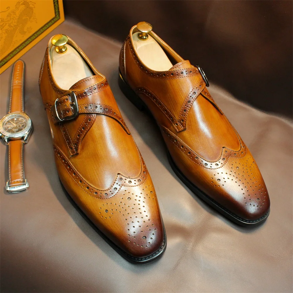Luxuriöse Herren-Loafer aus echtem Leder mit spitzer Zehenpartie und Schnalle, rahmengenähte braune und schwarze Büro-Formalkleiderschuhe für Herren – Detail 8