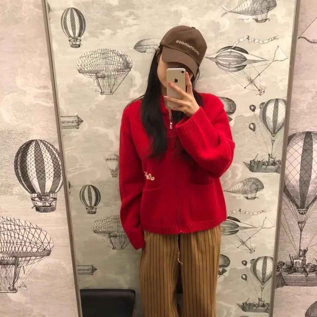 Korean Sle Embroidered Woolen Knitted Cardigan Sweater with Zipper for Girls Long Sve Regular Length Zipper Closure