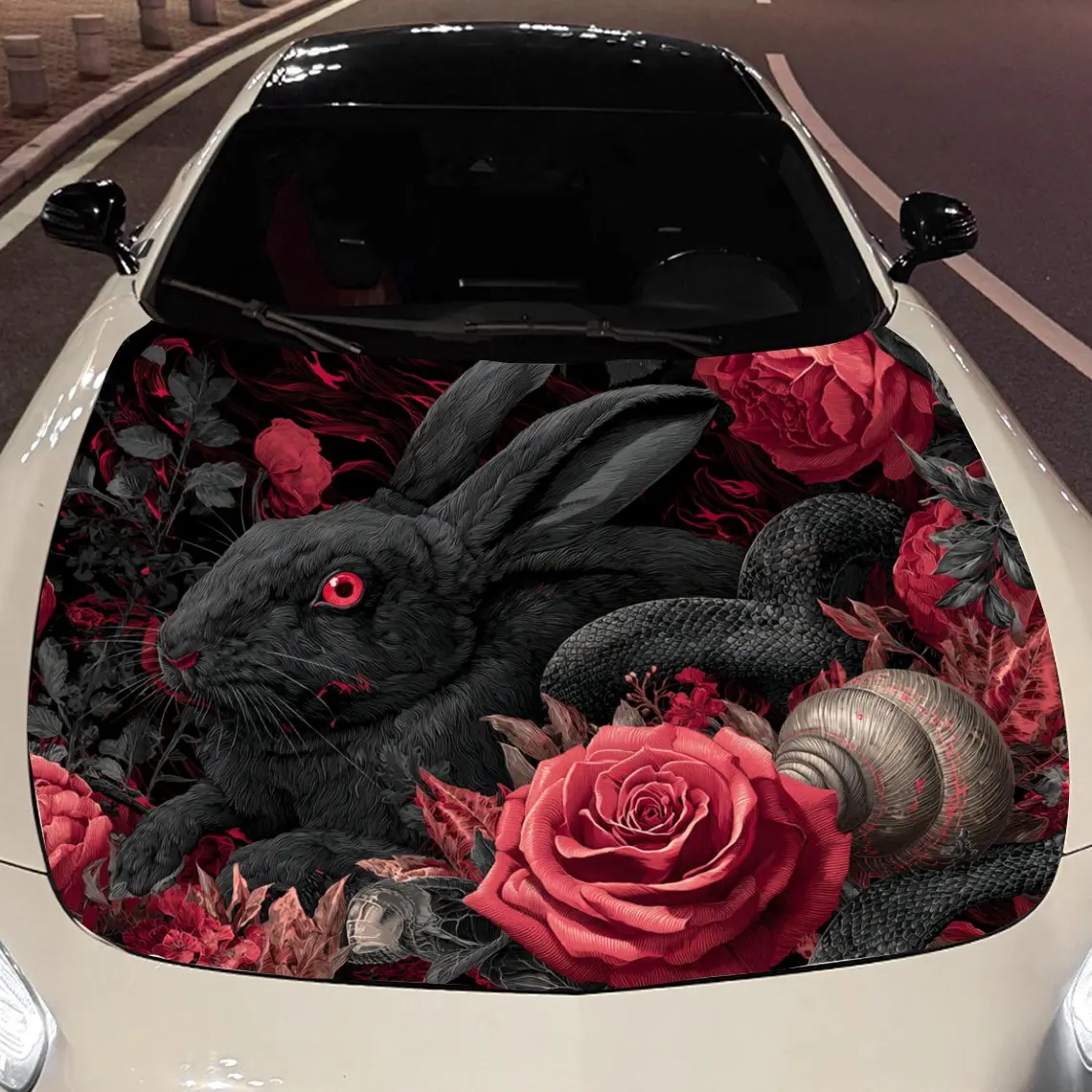 

Black Rabbit, Snake, and Snail Accompany Each Other Car Vinyl Wrap, PVC Material Waterproof Car Hood Sticker, Self-Adhesive Scra