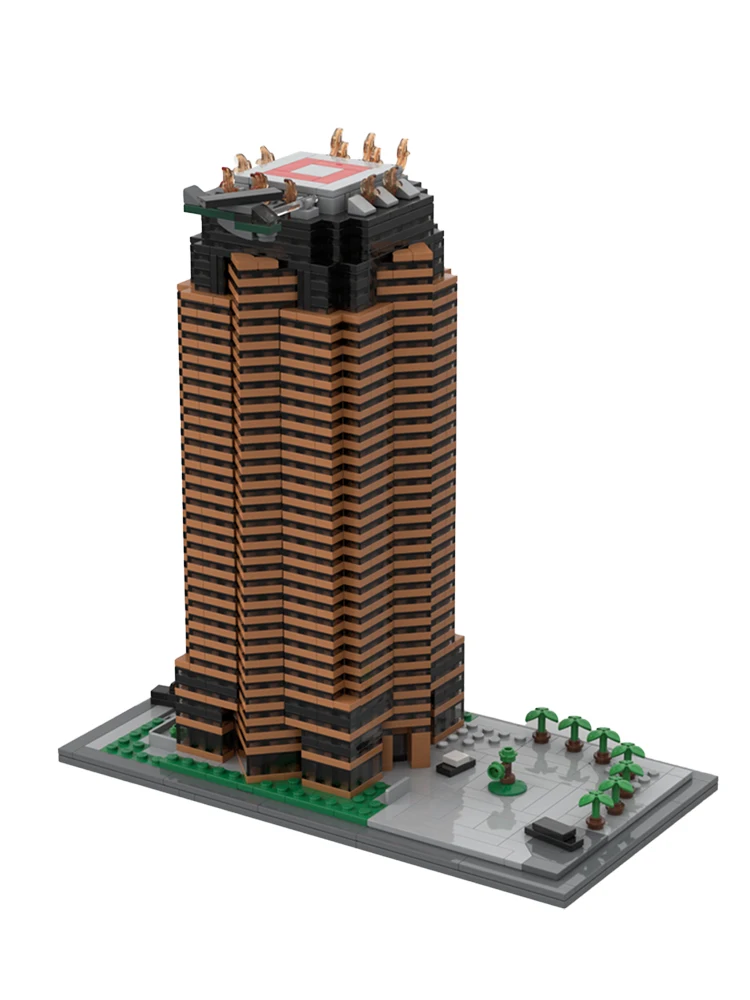 Modern High-rise Skyscraper MOC Building Blocks, Star Avenue 2121 City Commercial Tower Model With Rooftop And Palm Tree Scene