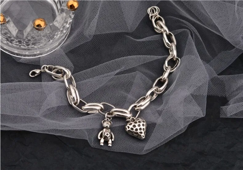 New Arrival Romantic Love Heart & Bear Animal Retro Thai Silver Female Charm Bracelet Jewelry For Women Birthday Gifts
