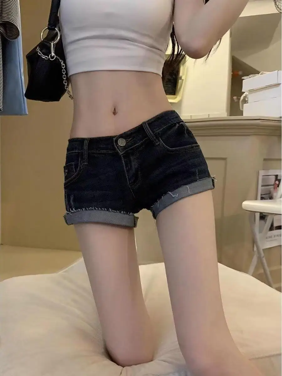 Low Waist American Style Hot Girl Denim Super Shorts Women Summer Slim Fit Cuffed Casual Versatile Hot Pants Blue Cotton Poly...