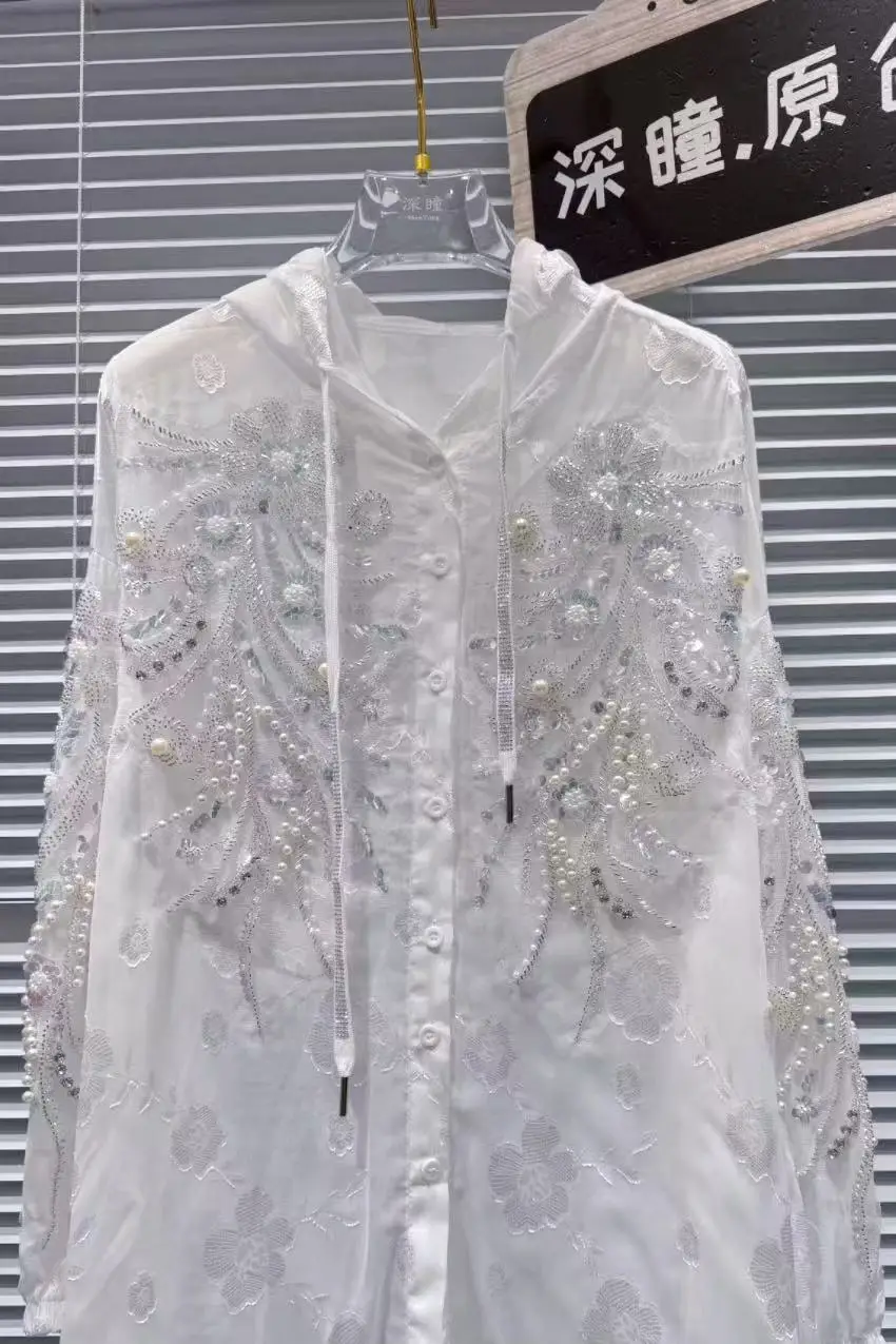 Perle di lusso Perline Ricamo Camicette di protezione solare con cappuccio oversize Camicie per le donne 2025 Primavera Estate Top Camisas De Mujer