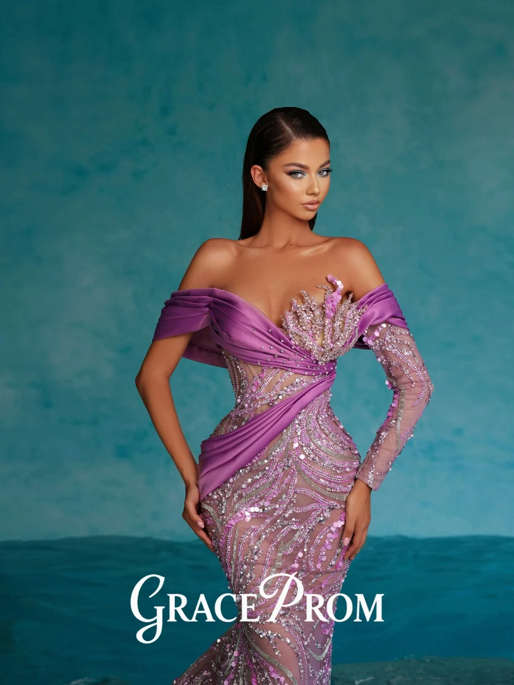 

GraceProm Graceful Off-Shoulder Evening Dress 2026 Ombre-Sequin Carpet Gown Delicate A-line Floor-Length Party Gown فساتين