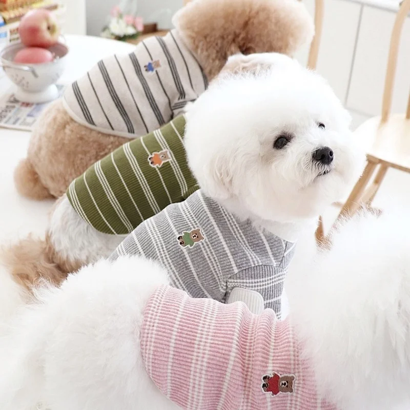 Spring Dog Striped Shirt Luxury Dog Clothes Cute Bear Print Puppy Pullovers Breathable Cat Shirt Soft Pet Vest Chihuahua Clothes