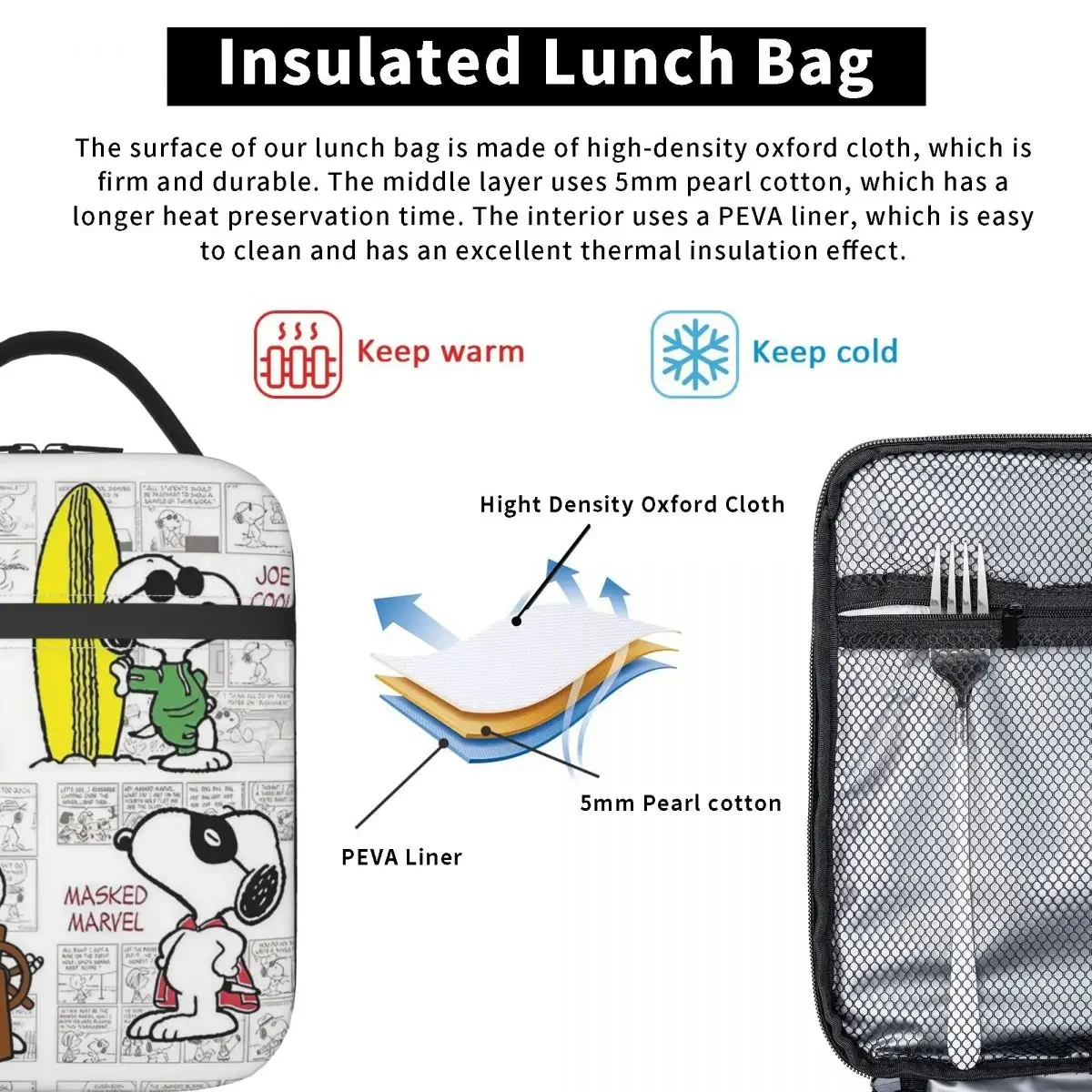 Peanuts Snoopy Cute Cartoon Insulated Lunch Bag High Capacity Meal Container Cooler Bag Tote Lunch Box School Travel Men Women