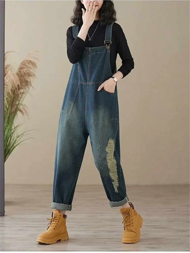 2024 Autumn Jeans Womens Fashion Loose Ripped Holes Design Overalls Ladies Casual Vintage Denim Pants Classic Trousers