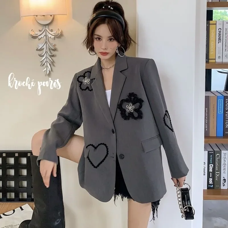 Flower Embroidery Coats Single Breasted Long Sleeve Casual Loose Blazers Harajuku Spring Autumn All Match Pockets Blazer Women