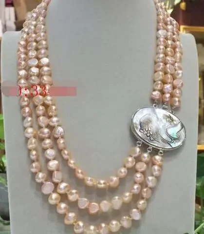 natural 3Rows 8-9mm Australian south sea gold pink pearl necklace & beauty shell flower clasp 17