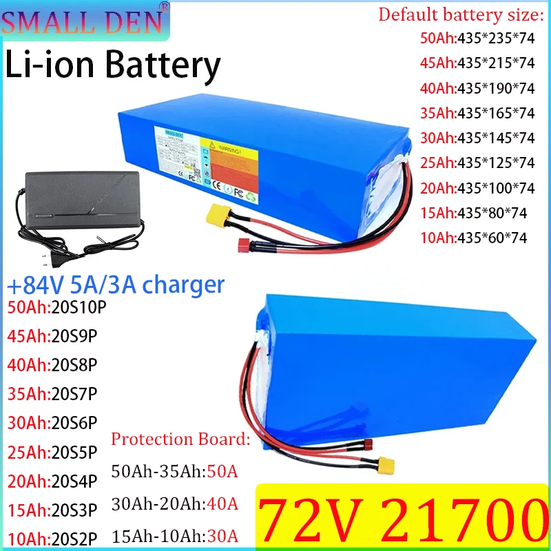 

72V 50Ah 45Ah 40Ah 35Ah 30Ah 25Ah 20Ah 15Ah 10Ah 21700 lithium battery pack 0-3000W high-power electric bicycle+84V 5A/3Acharger