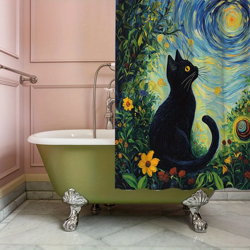 Black Cat Starry Night Shower Curtain, Van Gogh Style Oil Painting Print Waterproof Bathroom Decor, Artistic Pet Lover Home Bath