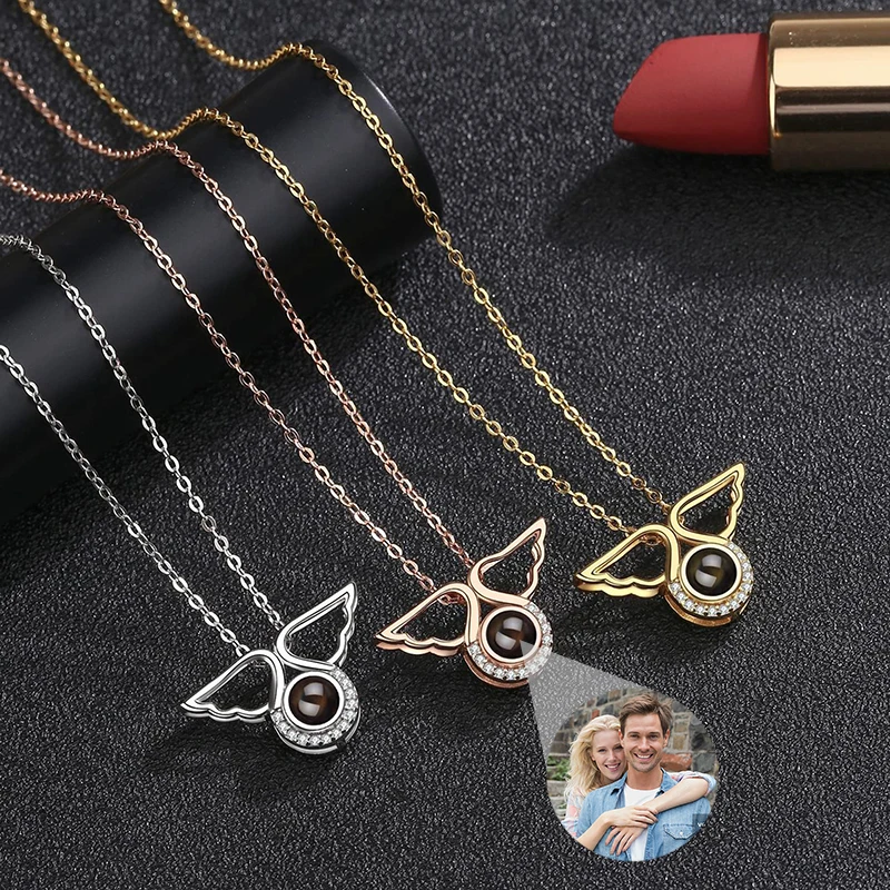 Custom Photo Projection Necklace I Love You Necklace Personalized Picture Projection Pendant Angel Wings Jewelry Gifts for Her