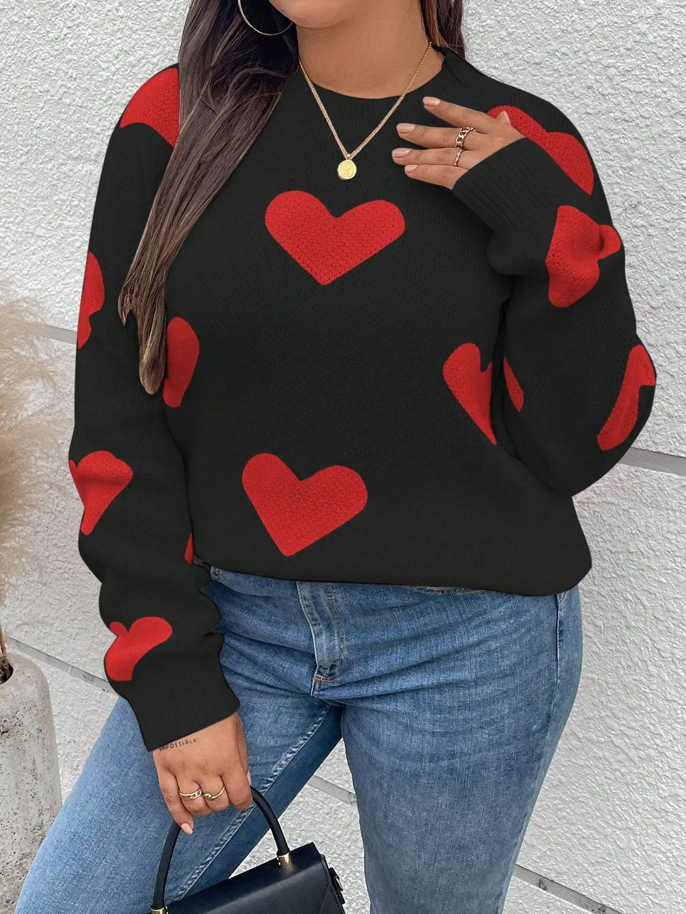 

Heart Pattern Crew Neck Knit Sweater For Women Casual Autumn Winter Pullover