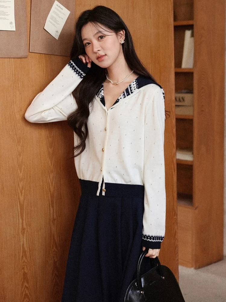 ALXNAN Strickpullover in Übergröße, Matrosenkragen, reguläre Passform, ausgehöhltes Design, Herbst, vielseitig, lässig, Pendeln, kurze Tops, D57625