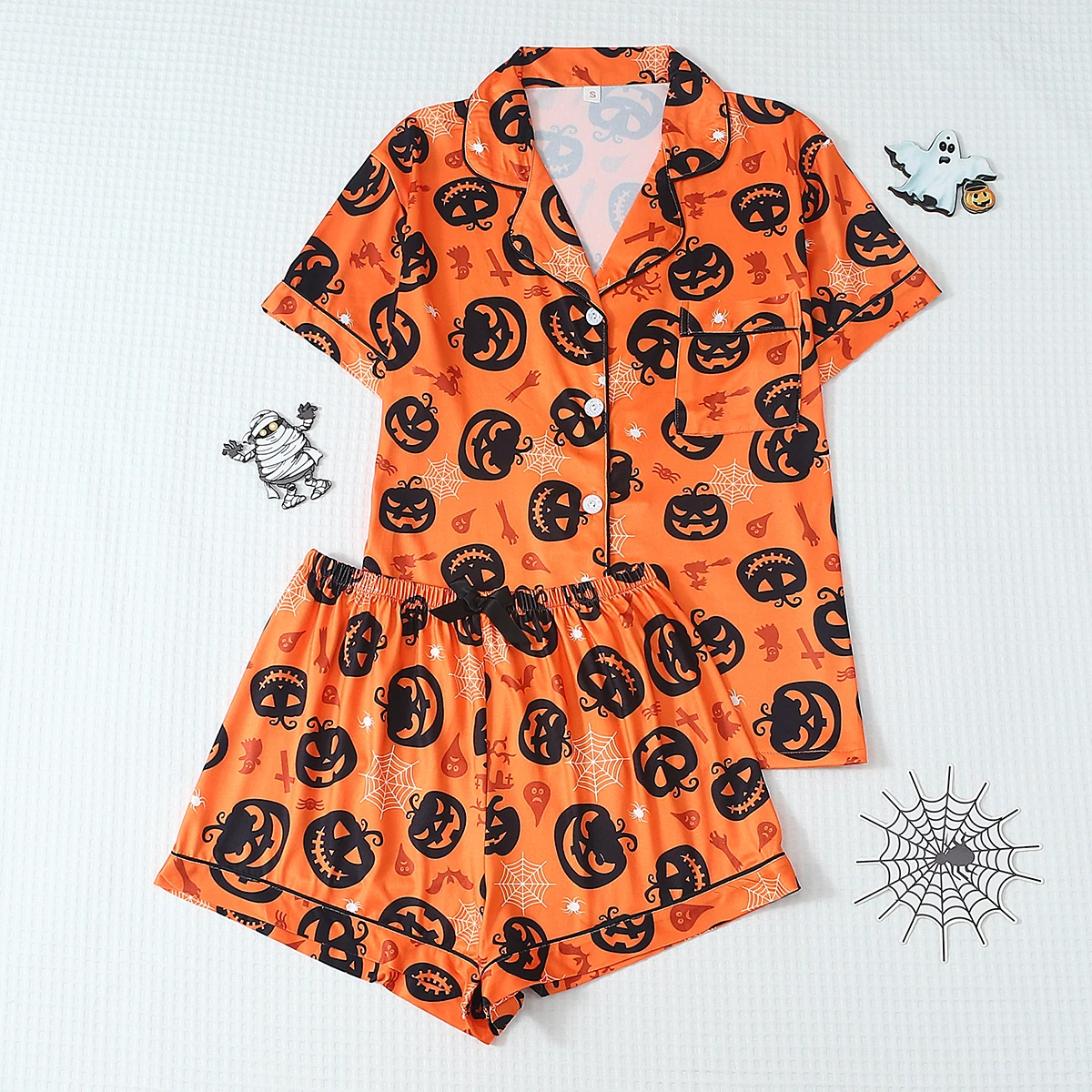 2-Piece Set of Quirky and Fun Orange Evil Pumpkin Print Spring/Summer Short-Sleeve Collared Top and Bow Shorts Women's Pajama Set Loungewear Suitable for Halloween