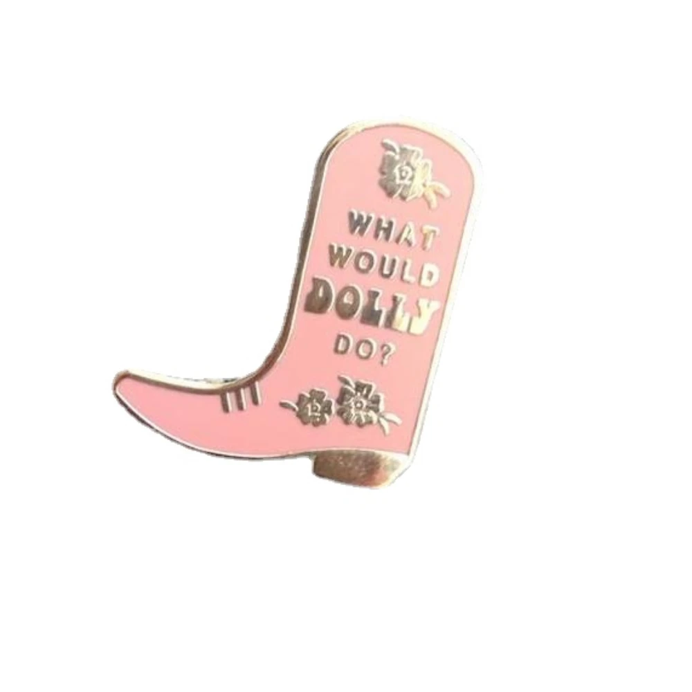 What Would Dolly Do Hard Enamel Pink Lapel Pin Metal High Heels Brooches Golden Fashion Badge Woman's Accessories Gifts