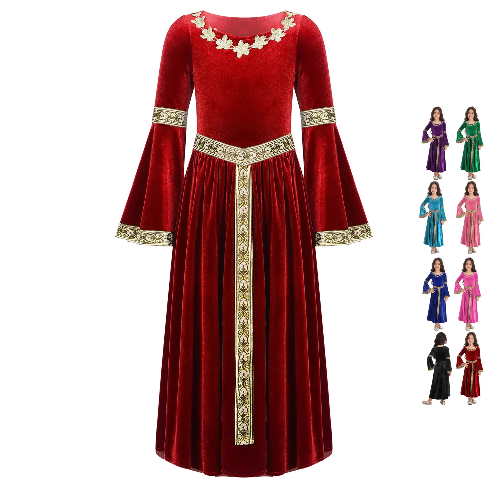 Kid Girl Queen Princess Dress Medieval Vintage Renaissance Dress Long Flare Sleeve Gothic Ball Gown Halloween Party Maxi Dress