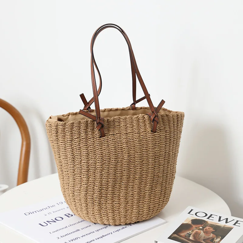 Sac en paille de Style coréen rétro Ins, sac seau à une épaule sauvage, sac en rotin tissé à la main, sac de plage pour femmes