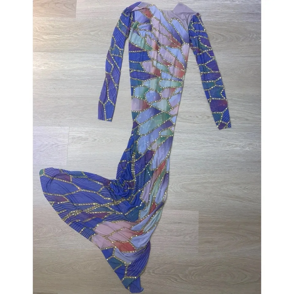

Women Performance Dancer Costume Luxury Birthday Nightclub Stage Outfit Sparkly Rhinestone Stretchy Mesh See Through Dress