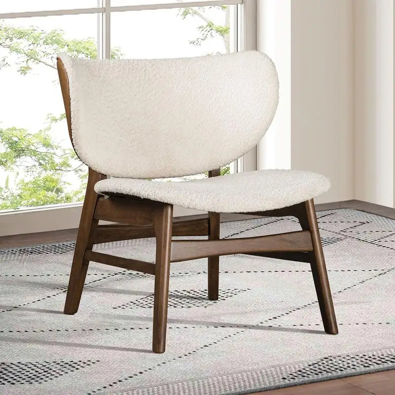 Mid-Century Wingback Accent Chair, Walnut Frame, Beige Upholstery