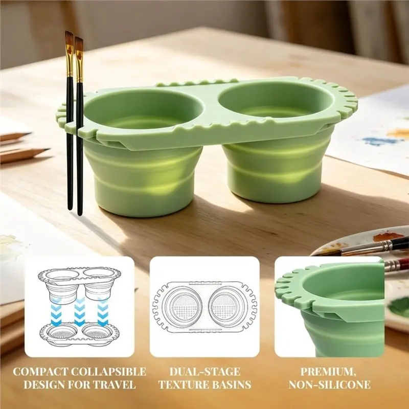 B03B-Dual Cleaning Container And Brush Holder Paint Brush Cleaner Cup, Foldable Silicone Rinse Cup
